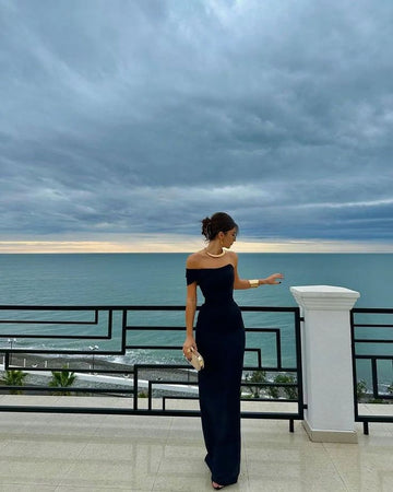 Sheath Off The Shoulder Black Long Prom Dresses Party Dress SD1329